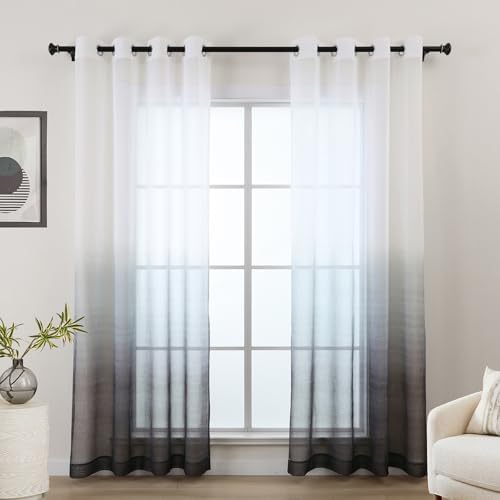 L.Z.E White Grey Ombre Sheer Curtains 63 Inches Long, Transparent