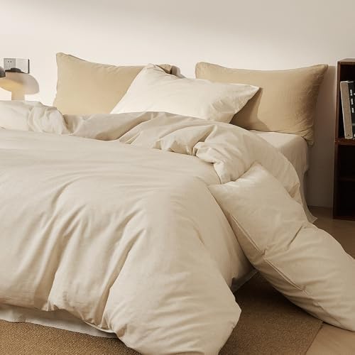Cream Beige Duvet Cover Full Size, Washed Cotton Minimalist Bedding