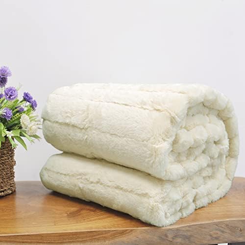 Stripe Faux Fur Throw Blanket with Sherpa Back, 50"x60", Cream Beige