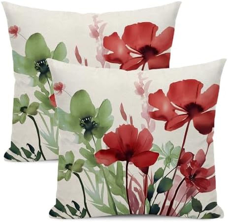 Floral Pillow Covers 18x18 Inches Set of 2 Sage Green Burgundy Red