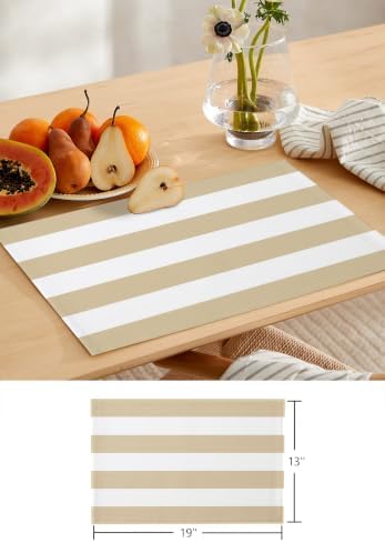 Beige Stripe Linen Texture Table Runner and Placemats Set of 6 Themed