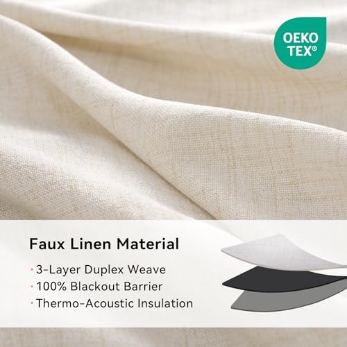 100% Blackout Linen Curtains 84 Inch Long 2 Panels Set, Butter Cream