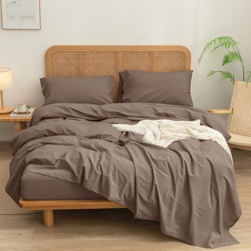 BESTOUCH 100% Washed Cotton Linen Feel Sheet Set, Pine Bark Brown Full