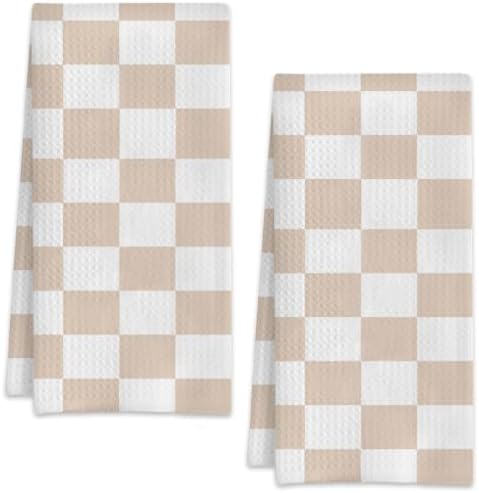 Beige and White Checkered Plaid Hand Towels for Bathroom Set of 2,Soft
