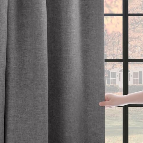 100% Blackout Pinch Pleated Linen Curtains 108 Inch for Living Room