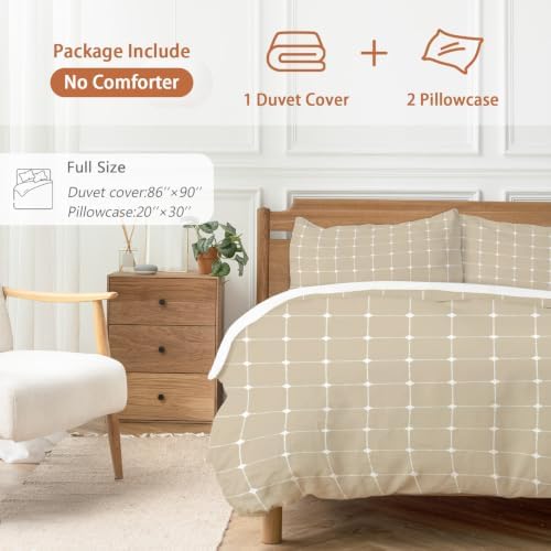 Taupe Gingham Duvet Cover Full Size, Modern Minimalist Geometric Plaid