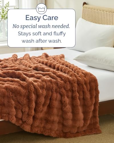 Faux Fur Throw Blanket - Twin Size Bubble Blanket - 60" x 80", Mocha