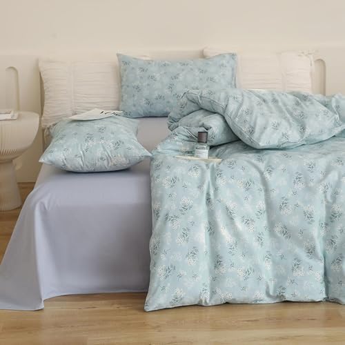 Blue Grey Flower Duvet Cover Set 100% Cotton Queen(90"x90"),White