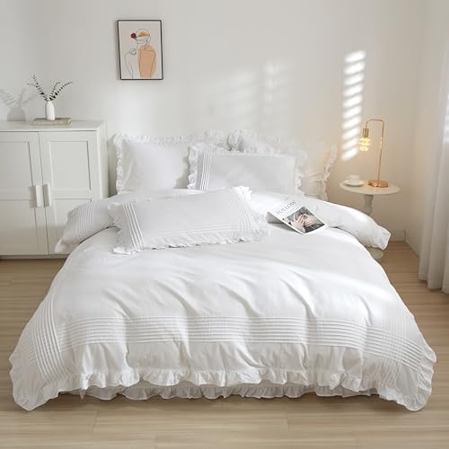 White Ruffle Duvet Cover King Size 3 Pieces, 100% Cotton Bedding