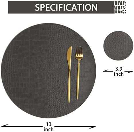 Round Leather Placemats for Round Tables Set of 6, Gray Table Place