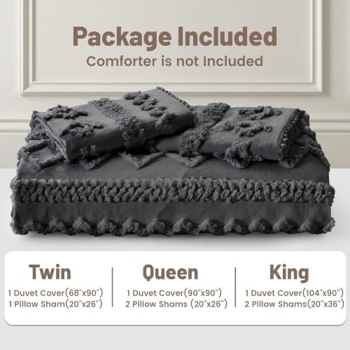 Maple&Stone Boho Duvet Cover Queen, Dark Grey Tufted 3-Piece Set
