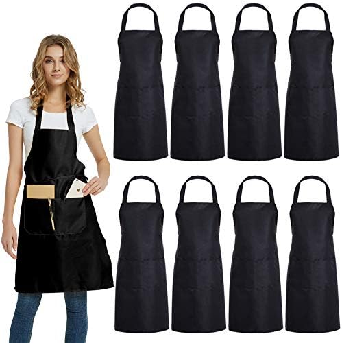 DUSKCOVE 8 Pack Bib Aprons Bulk - Unisex Black Commercial Apron with 2