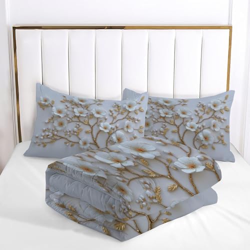 Duvet Cover Set King, 3D Minimalist Flowers and Branches Brushed