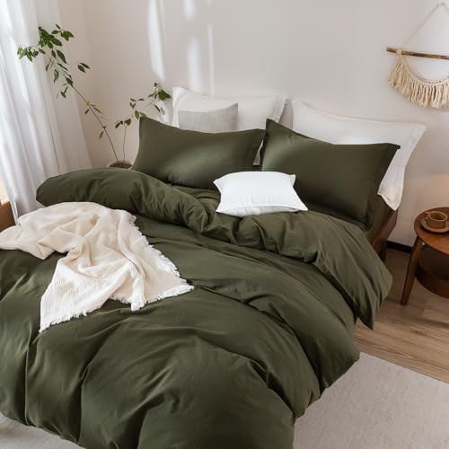 3Pcs Olive Green Cal King Duvet Cover Set Washed Cotton