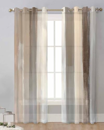 Brown Grey Sheer Curtains 63 Inch Length Grommet Semi Sheer Drapes for