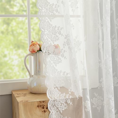 Kotile Ivory Lace Curtains for Living Room Rustic Floral 2 * 52x108