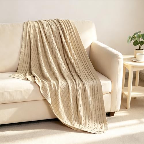 100% Cotton Cable Knit Throw Blanket, Ultra Soft, Warm, Machine
