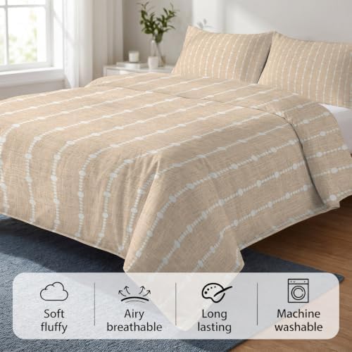 Beige Striped Duvet Cover Set 3 Pieces with Zipper Closure, Modern