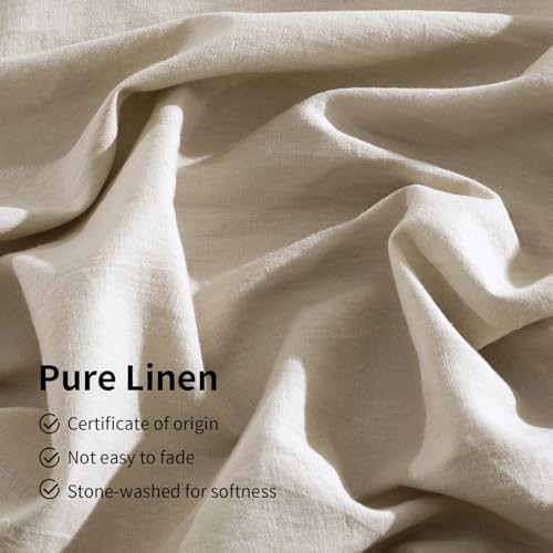 TUMEI Premium French Linen Blend Flat Sheet King Size, Natural Linen