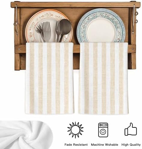 Beige Striped Kitchen Towels Set of 3, Absorbent Dish Towels for