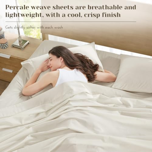 Comfort Spaces 100% Cotton Percale Sheets Twin Sheet Set 3 Pcs, Ivory