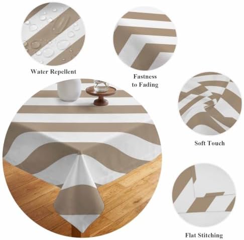 Country Taupe White Stripe Waterproof Tablecloth Rectangle Washable