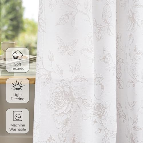 FMFUNCTEX Taupe Floral Jacquard Curtains for Bedroom, Rose Flower