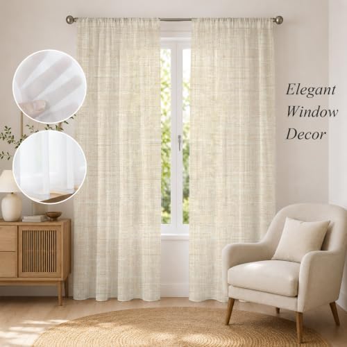 Sheer Curtains 108 Inches Long, Cream Light Filtering Window Curtains