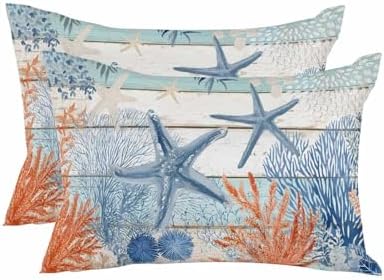 Throw Pillows 12x20 Set of 2, Teal Blue Coastal Waterproof Outdoor