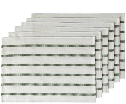 Boho Farmhouse Placemats Set of 6, Green Beige Stripes Cotton Linen