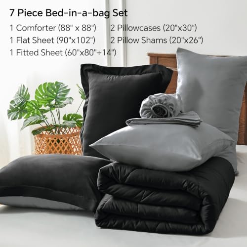 BEDELITE Queen Comforter Set 7 Pieces, Reversible Black Bed in A Bag