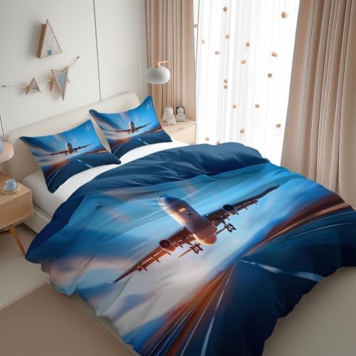 King Duvet Cover Set Soft Microfiber Airplane Sky Sky Blue