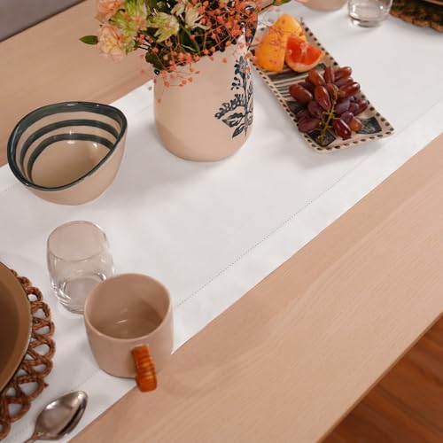 Home Ekaa White Table Runner 120 Inch – Cotton Linen Hemstitch
