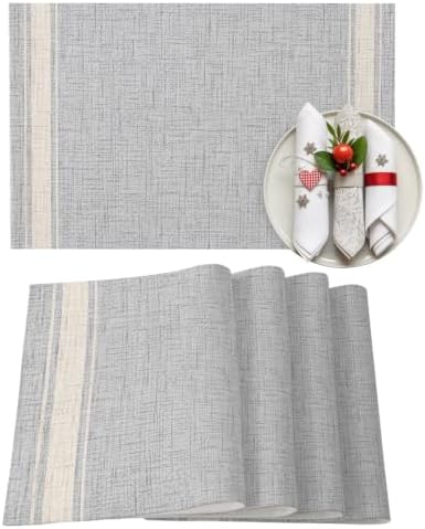 Gray Stripes Placemats Set of 8, Cotton Linen Fabric Place Mats