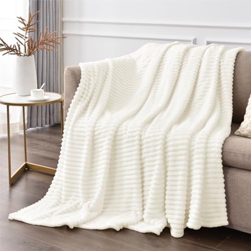 BEDELITE Ribbed Jacquard Cream Fleece Throw Blanket for Couch, 50x70