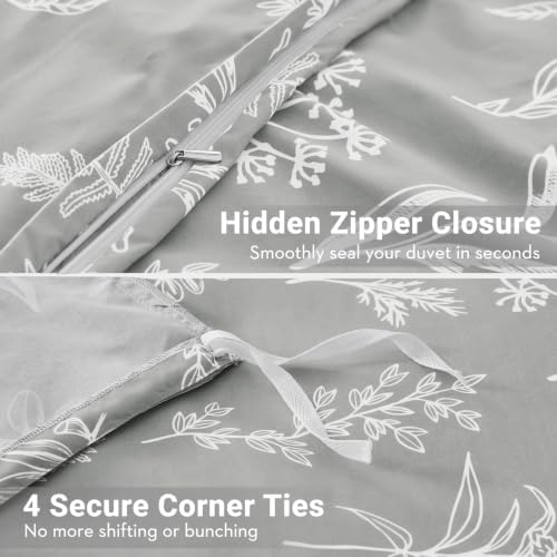 MUXHOMO Duvet Cover Full Size, 3-Piece Floral Silver Grey Bedding Set