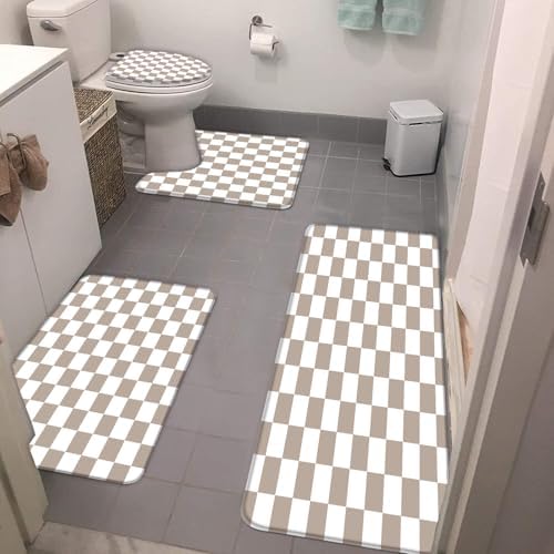 4PC Checkered Bath Mat Set Tan and White Retro Checkerboard Vintage