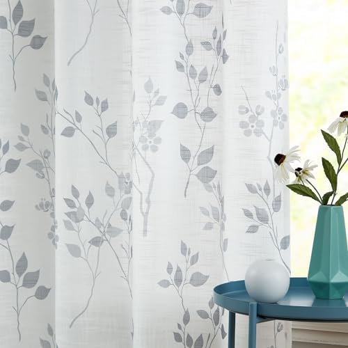 Beauoop Floral Linen Semi Sheer Curtains Living Room Grey 50x63 2