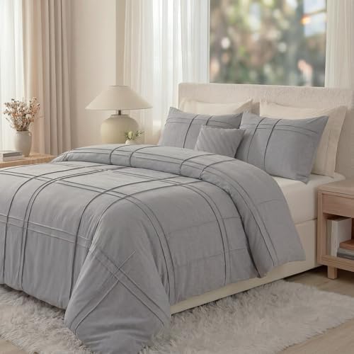 100% Cotton Beige Grey Queen Size Duvet Cover Set - 3 Pieces Pintuck