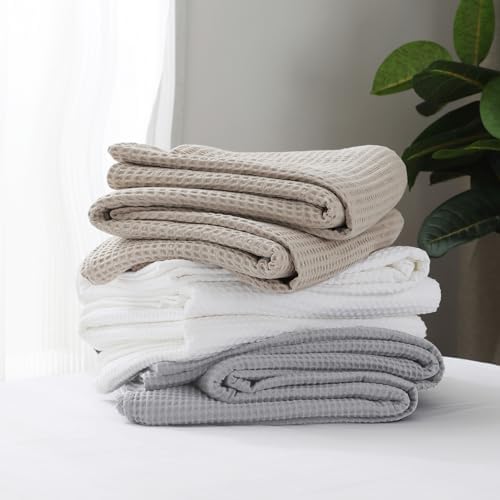 100% Cotton Waffle Blanket for Bed King Size, Light Grey