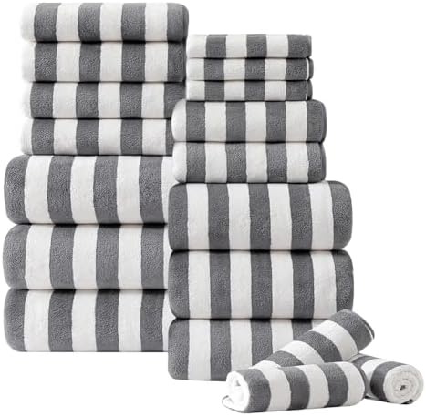 18 Pcs Gray Stripe Bath Towel Set with Hanging Loop-6 Bath Towels,6