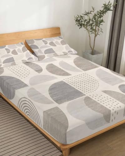 Queen Size Sheet Set 4 Pieces Beige Dots Semicircles Fitted Sheets