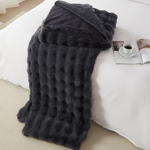 Gray Faux Rabbit Fur Bubble Throw Blanket 60 x 80 in