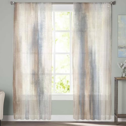 Beige Gray Sheer Curtains 63 Inches Length 2 Panels Set, Window Sheer