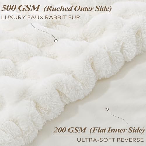 Touchat Ruched Rabbit Faux Fur Throw Blanket,Fluffy Soft Cozy,Cream