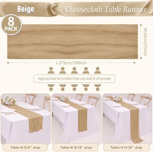 8 Pack Beige Cheesecloth Table Runners, 17 x 108 Inches