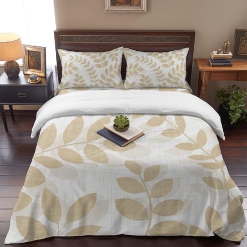 Beige Leaves King 4 Piece Duvet Cover Set, Summer Farmhouse Botanical