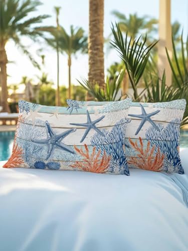 Throw Pillows 12x20 Set of 2, Teal Blue Coastal Waterproof Outdoor