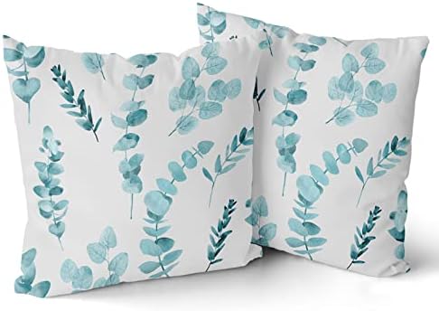 Teal Leaf Throw Pillow Coveras 20X20 Inch Spring Watercolor Eucalyptus