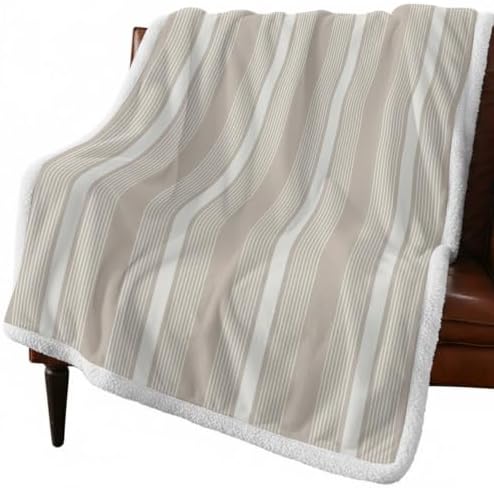 Fleece Sherpa Bed Blankets, Gray Brown Striped Microfiber Plush